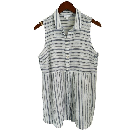 J.Jill Sleeveless White & Blue Striped Cotton-Linen Button-Down Top M - Picture 1 of 8